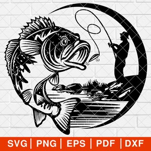 May include: Black and white silhouette of a fish being caught by a fisherman. The fish is jumping out of the water and the fisherman is holding a fishing rod. The image is in a circle shape.