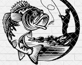 Fiskare som fångar fisk SVG, Abborrfiske svg, Fiske svg, Abborrfisk svg, Abborr Clipart, Abborrfiske Klippfil, Fisk svg [EP-104]