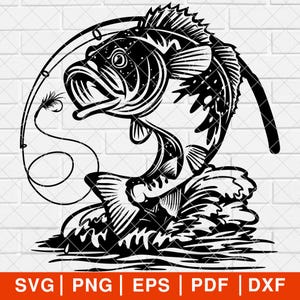 May include: Black and white silhouette of a fish jumping out of the water with a fishing rod and line. The fish is in mid-air with its mouth open and its fins spread out. The fishing rod is bent in the shape of an arc, and the line is attached to the fish's mouth.