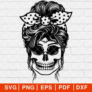 May include: Black and white silhouette of a skull with a woman's hairstyle and a polka dot headband. The skull is smiling.