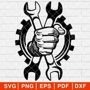 May include: Black and white silhouette of a hand holding two wrenches, with a gear behind the hand. The wrenches are crossed and the gear is in the background.