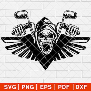 May include: Black and white illustration of a skull with a hooded cloak riding a motorcycle with wings. The skull has a menacing expression with bared teeth.
