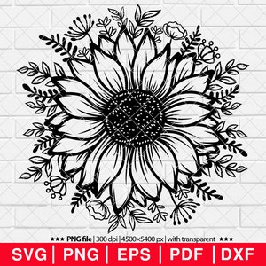 May include: Black and white silhouette of a sunflower with leaves and smaller flowers surrounding it.
