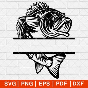 May include: Black and white silhouette of a bass fish with its mouth open. The fish is split in half horizontally with a blank space in the middle for text. The fish is facing the right side of the image.