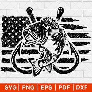 May include: Black and white silhouette of a fish with a hook on a distressed American flag background.