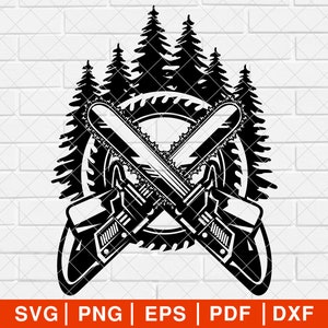 May include: Black and white silhouette of two crossed chainsaws with a tire and pine trees in the background.