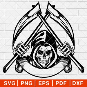 May include: Black and white illustration of the Grim Reaper holding two scythes. The Reaper is wearing a hooded robe and has a skull face.