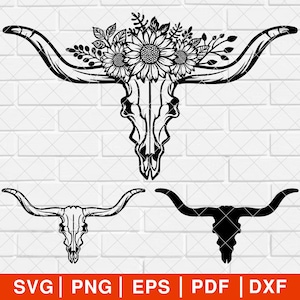 Texas Longhorn Cow Skull SVG PNG, Longhorn Flowers Floral Bull Skull svg, Hand Drawn Texas Cattle Skull svg, Cow Skull Flowers svg [EP-61]