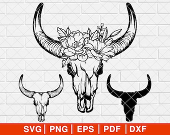 Czaszka byka SVG PNG, Czaszka krowy SVG, Kwiatowa czaszka byka SVG, Czaszka Longhorn SVG, Pakiet Texas Longhor SVG, Logo czaszki byka SVG [EP-73]