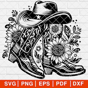 Cowgirl Boot Sunflowers Svg & PNG Files, Cowboy Boot Flowers Hat Floral Western Clipart, Cowgirl Boots svg, [EP-119]