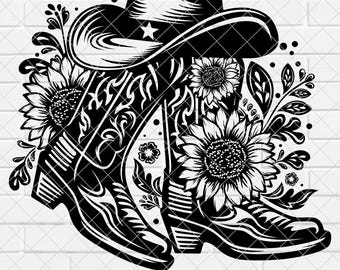 Cowgirl Boot Sunflowers Svg & PNG Files, Cowboy Boot Flowers Hat Floral Western Clipart, Cowgirl Boots svg, [EP-119]