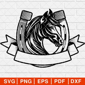 May include: Black and white illustration of a horse head inside a horseshoe, with a banner below. The horse has detailed features, and the horseshoe is striped. The background is a white brick wall.