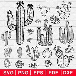 May include: A set of 16 black and white line art cactus illustrations. The illustrations include various types of cacti, including saguaro, prickly pear, and barrel cactus. The illustrations are perfect for use in crafting, scrapbooking, or digital design.