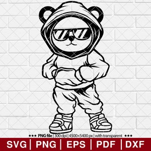クールなテディベア SVG、テディベア サングラス svg、テディベア シルエット カット ファイル、ヒッピー ベア クリップアート、面白いテディベア svg [EP-26]