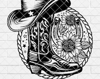 Archivos SVG y PNG de girasoles con botas de vaquera, flores con botas de vaquero, sombrero floral occidental, botas de vaquera svg, [EP-120]