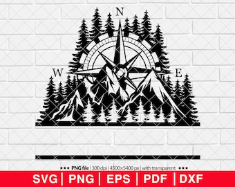 Kompas en bergen-svg, bergen en bomen-svg, wildernis-svg, kompas en bos-svg [EP-28]