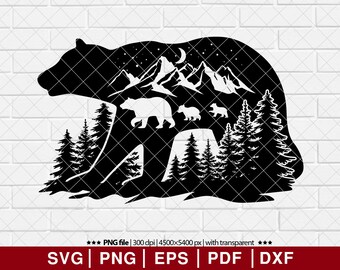 Mountain bear silhouette svg, Bear Family svg, Bear mountain svg, Mountain scenery svg, Night sky svg, Bear clipart [EP-47]