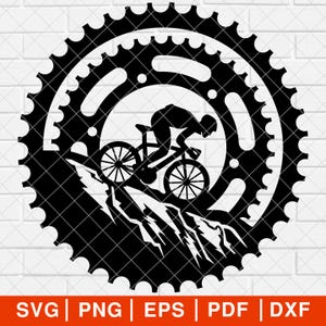 May include: Black and white silhouette of a mountain biker riding up a rocky mountain path. The image is set inside a circular gear design.