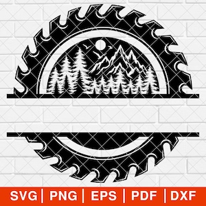 May include: Black and white silhouette of a saw blade with a mountain and forest scene inside. The saw blade is split in half with a blank space in the middle for text.