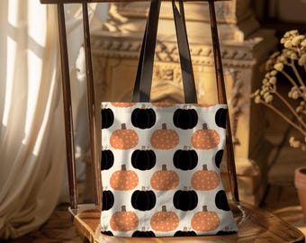 Retro black and orange pumpkin tote bag, Halloween candy bag, trick or treating bag, fall bag, autumn farmers market reusable grocery bag