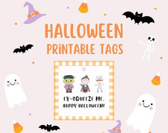 May include: A light pink Halloween-themed graphic with the words "HALLOWEEN PRINTABLE TAGS" in orange. The image includes cartoon bats, ghosts, candy corn, a witch's hat, and a skeleton. A tag features Frankenstein, a vampire, and a mummy with the text "EX-SQUEEZE ME. HAPPY HALLOWEEN!"