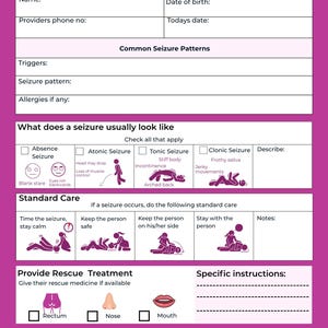 Puede incluir: Un formulario del Plan de Acción contra las Convulsiones en morado y blanco, con secciones para la escuela, el nombre y la información médica. Incluye diagramas que ilustran los tipos de convulsiones y los primeros auxilios. Texto: "¿Cómo suele ser una convulsión?" y "Proporcionar tratamiento de rescate".