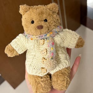 May include: A plush teddy bear with brown fur, wearing a cream-colored knitted sweater with bear-shaped buttons and a colorful scarf. The bear has black eyes and a brown nose, and its arms are outstretched.