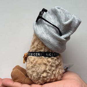 May include: A plush toy with a light brown body, wearing a gray beanie and black-framed glasses. The toy has a black collar with the word "CENICEN" printed on it. The toy is being held in a hand.