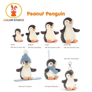May include: A collection of plush penguin toys in various sizes, from small to really big. The penguins are black, white, and orange, with some wearing accessories like a blue hat, scarf, and a keychain. The text "Peanut Penguin" is displayed.