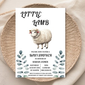 Invitación de baby shower de corderito / Género neutro / Invitación de ducha de ovejas / Invitación floral de acuarela / Autoeditable / Corjl