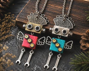 Handmade Wooden Robot Necklace: Winged Wrench Pendant
