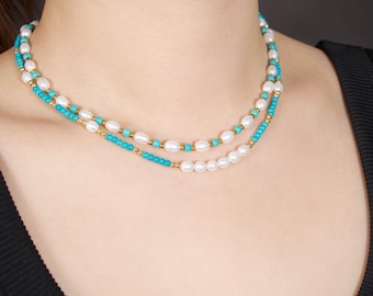 Turquoise Pearl Jewelry Set, Freshwater Boho Beaded Necklace Bracelet, 925 Silver Clasp