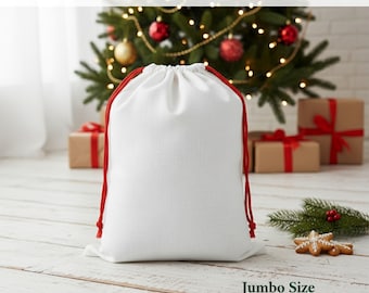 Bolsa navideña grande para sublimación, venta al por mayor. Bolsa de regalo navideña de poliéster lisa, reutilizable con cordón ajustable para personalizar.