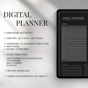 Könnte beinhalten: Ein digitaler Planer auf einem Tablet, mit einem Dark-Mode-Design. Der Bildschirm zeigt ein tägliches Planer-Layout, einschließlich eines Zeitplans, einer To-Do-Liste und Notizen. Auf dem Bildschirm steht "Daily Planner" und "February 13".