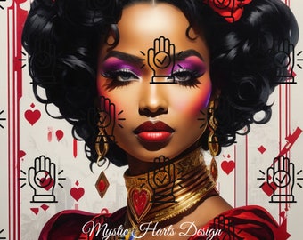 Könnte beinhalten: Eine digitale Illustration einer Frau mit dunklen, lockigen Haaren, die ein rotes Kleid und goldenen Schmuck trägt. Sie hat eine rote Rose im Haar und ein Häkchen auf der Hand. Der Hintergrund ist ein rotes und weißes Spielkartenmuster mit dem Text "Mystic Harts Design".