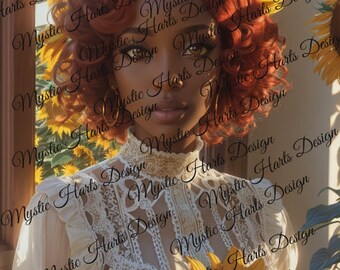 Beautiful Melanin Red Head with Sunflowers, PNG sublimation design download, black woman PNG, sublimate designs download