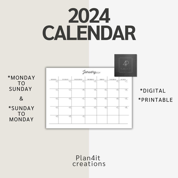 2024 Calendar 2024 monthly calendar planner A4 pdf minimal Monday start Sunday start Printable Digital Wall calendar