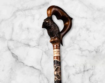 Elegante bastone da passeggio con impugnatura a forma di corvo nero, design raffinato, per uomo e donna, stile insolito.