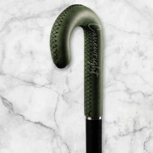 Handmade Walking Stick – Green Leather Handle, Diamond Embroidery, Silver Ring, Rubber Tip & Leather Sheath&quot;