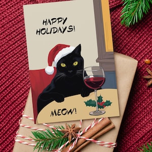 Quality Christmas Card - Charming Cat illustration. Cat with wine glass Christmas card. Black and white cat Christmas card. Cat lover card