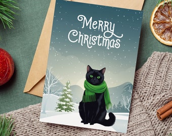 Christmas black cat with scarf gift, Christmas present, Christmas greeting card