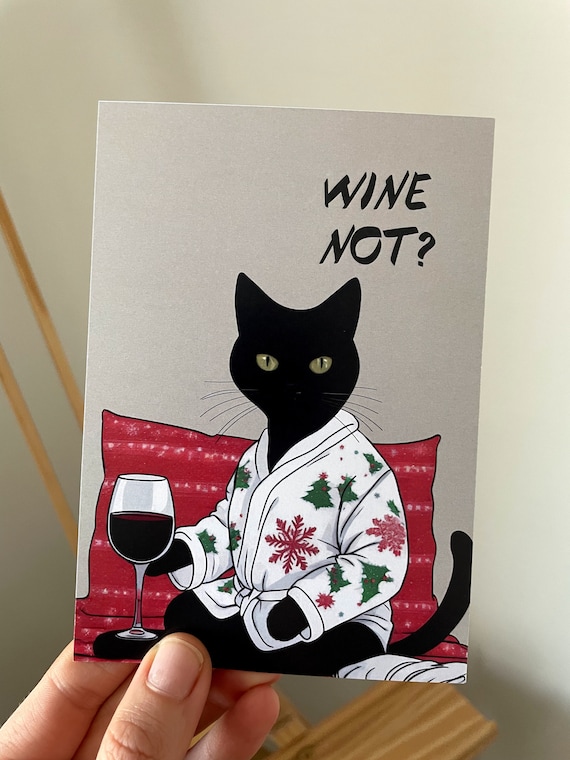 Cat With Wine Glass Christmas Black and White Cat Christmas