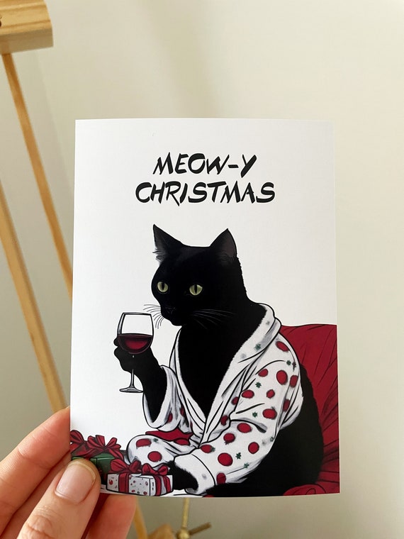 Quality Christmas Card Charming Cat Cat With Wine
