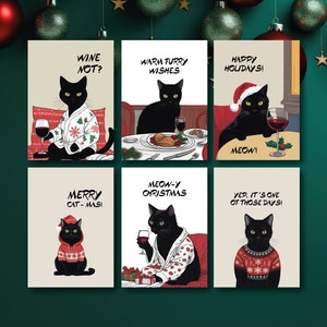 Chats de Noël ENSEMBLE de 6 cartes de Noël, cartes de Noël pour chats, cartes de Noël illustrées, chat drôle avec du vin, cartes de vœux uniques