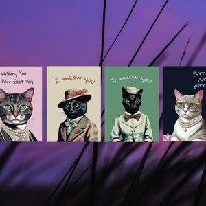 4 Classy Cat Postcards - Illustrated Cats in Elegant Clothes| Birthday, Celebration, Greeting Cards| Cute & Quirky Cat Lover| Christmas gift