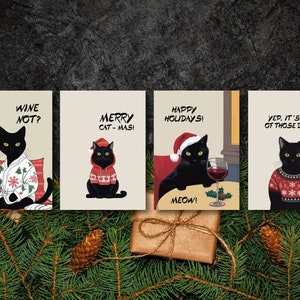 4 divertenti biglietti di Natale colorati con gatti in illustrazioni uniche + buste