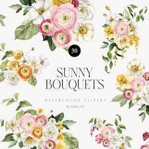 Buquês florais de primavera Clipart Aquarela Flores ensolaradas Sublimação Png Florais de verão Cartão de convite de casamento Arranjo digital PNG Florais