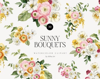 May include: A set of 30 watercolor illustrations of sunny bouquets featuring pink, white, and yellow flowers. The text "Sunny Bouquets Watercolor Clipart by Aleksa Art" is included in the image.