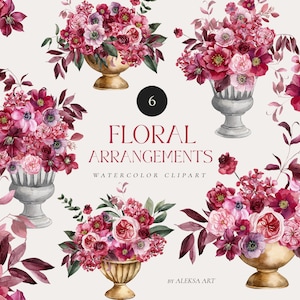 Aquarela Magenta Bouquet Clipart Flores Rosa Composição Arranjo de Natal Impressão por Sublimação Cartão de Convite de Casamento Rosas Brilhantes de Outono