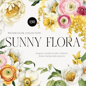 Clipart di fiori primaverili Elementi floreali ad acquerello luminosi Png Fiori soleggiati Mimosa Ranuncolo Rose Estetica Set digitale Modelli senza soluzione di continuità